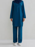 Momentlover Solid Color Long Sleeves Pockets Split-Side Round-Neck Shirts Top + Pants Bottom Two Pieces Set