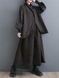 Momentlover Solid Color Long Sleeves Loose Buttoned Pleated Stand Collar Shirts Top + Pants Bottom Two Pieces Set