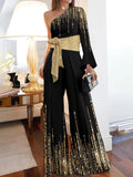 Momentlover Long Sleeves Loose Printed Shiny Tied Waist One-Shoulder Jumpsuits Bottoms