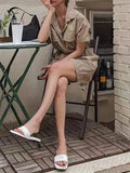 Momentlover Loose Wide Leg Drawstring Solid Color Zipper Notched Collar Rompers