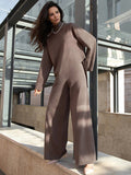 Momentlover Casual Solid Color Irregularity High-Neck Sweater& Wide Leg Pants Suits
