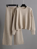 Momentlover Urban Loose Long Sleeves Solid Color Round-Neck High-Low Sweater Tops & Wide Leg Pants Suits