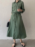 Momentlover Casual A-Line Long Sleeves Bandage Solid Color Lapel Collar Shirt Midi Dresses