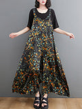Momentlover Loose Artistic Retro Ramie Cotton Floral Printed V-Neck Overalls