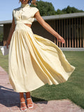 Momentlover Solid Color Pleated Belly-Hollow Cap Sleeve Stand Collar Maxi Dresses