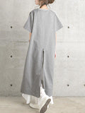 Momentlover Split-Joint Solid Color Pleated Short Sleeves Loose Round-Neck Midi Dresses