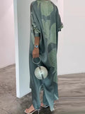 Momentlover Long Sleeves Buttoned Contrast Color Flower&Leaves Print Muslim V-Neck Maxi Dress