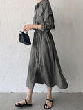 Momentlover Casual A-Line Long Sleeves Bandage Solid Color Lapel Collar Shirt Midi Dresses