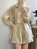 Momentlover Loose Solid Color Long Sleeves Blouse + Pleated Shorts Two Pieces Set