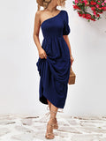Momentlover Solid Color Puff Sleeves Loose One-Shoulder Midi Dresses