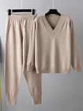 Momentlover Casual Loose Harem Pants Solid Color V-Neck Sweater Tops Pants Two Pieces Set