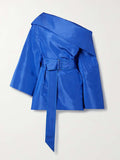 Momentlover Zipper Solid Color Hollow Belted Wrap Long Sleeves One-Shoulder Mini Dresses