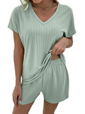 Momentlover Striped Solid Color Short Sleeves T-shirt + Elasticity Shorts Pajama Sets