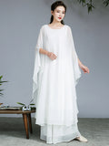Momentlover Artistic Retro Loose Chiffon Solid Color Falbala Round-Neck Kimono Sleeve 2 Pieces Set