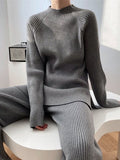 Momentlover Urban Loose Solid Round-Neck Split-Side Sweater& Wide Leg Pants Suits
