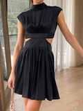 Momentlover Solid Color Pleated Belly-Hollow Skinny Stand Collar Mini Dresses
