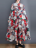 Momentlover Long Sleeves Loose Floral Printed Round-Neck Midi Dresses