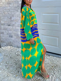 Momentlover Printed Buttoned Loose Long Sleeves Lapel Shirt Dress Maxi Dresses