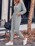 Momentlover Elasticity Belted Long Sleeves V-neck Jumpsuits
