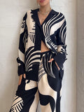 Momentlover Long Sleeves Loose Contrast Color Pockets Printed Blouses&Pants Suits