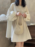 Momentlover Urban Puff Sleeves Solid Color Round-Neck Mini Dress