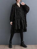 Momentlover Tasseled Split-side Split-Joint Solid Color Flower Print Buttoned Loose Long Sleeves Lapel Midi Dresses