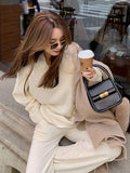 Momentlover Casual Loose Solid Color Round-Neck Sweater Tops & Wide Leg Pants Suits