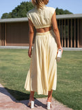 Momentlover Solid Color Pleated Belly-Hollow Cap Sleeve Stand Collar Maxi Dresses