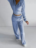 Momentlover Elasticity Solid Color Long Sleeves Hooded Zipper V-neck Outerwear Top + High Waisted Pants Bottom Two Pieces Set