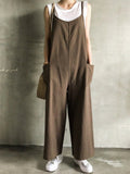 Momentlover Black&Khaki Casual Spaghetti-Neck Loose Wide-Leg Overalls