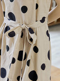 Momentlover Tied Waist Split-Joint Polka-Dot Pleated Contrast Color Sleeveless Loose Round-Neck Midi Dresses