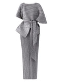 Momentlover Urban Loose Solid Color Tied Pleated Top&V-Back Vest Dress Two Pieces Set