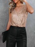 Momentlover Split-Joint Sequined See-Through High-Waisted Sleeveless Skinny V-Neck Bodysuits