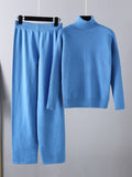 Momentlover Urban Long Sleeves Loose Solid Half Turtleneck Sweater Tops & Wide Leg Pants Two Pieces Set
