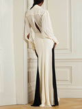 Momentlover Contrast Color Loose Long Sleeves V-neck Maxi Dresses Evening Dresses