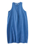 Momentlover Simple Denim Blue Round-Neck Buttoned Sleeveless Midi Dress