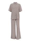 Momentlover Printed Plaid Wide Leg  Pants&Lapel Shirts Tops Two Pieces Set