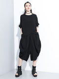 Momentlover Loose Solid Color Round-Neck Short Sleeves  Tops+ Elasticity Pleated Cropped Pants Two Pieces Set