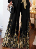 Momentlover Long Sleeves Loose Printed Shiny Tied Waist One-Shoulder Jumpsuits Bottoms