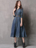 Momentlover Vintage Embroidered Cropped Denim Dress