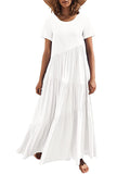 Momentlover Casual Short Sleeves Loose Solid Color Round-Neck Maxi Dresses
