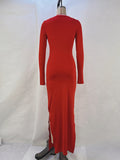 Momentlover Split-Side Solid Color Long Sleeves Bodycon Round-Neck Maxi Dresses