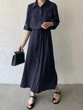 Momentlover Casual A-Line Long Sleeves Bandage Solid Color Lapel Collar Shirt Midi Dresses