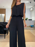 Momentlover Split-Joint Solid Color Pleated Elasticity Backless Sleeveless High Waisted Jumpsuits