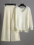 Momentlover Stylish Loose Long Sleeves Solid Color V-Neck Sweater Tops& Wide Leg Pants Two Pieces Set