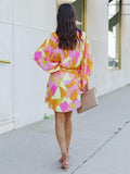 Momentlover Original Loose Printed Contrast Color Tied Buttoned Mini Shirt Dress