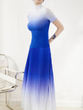 Momentlover Gradient Pleated Short Sleeves High-Neck T-shirt + Skirt Bottom Two Pieces Set