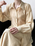 Momentlover Solid Color Long Sleeves Tied Waist Blouse + Loose Elasticity Waist Skirt Two Pieces Set