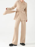 Momentlover Solid Color Loose Asymmetric Split-Front Round-Neck Long Sleeves Sweater Top + Pants Bottom Two Pieces Set