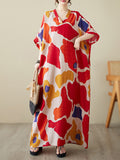Momentlover Contrast Color Color-Block Raglan Sleeve Loose Round-Neck Maxi Dresses